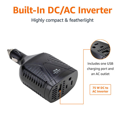 Amazon Basics 75W Portable Car Power Inverter, 12V to 110V, USB Charging Port, AC Outlet for Vehicles, Black, 5.07 x 2.65 x 1.6 inches