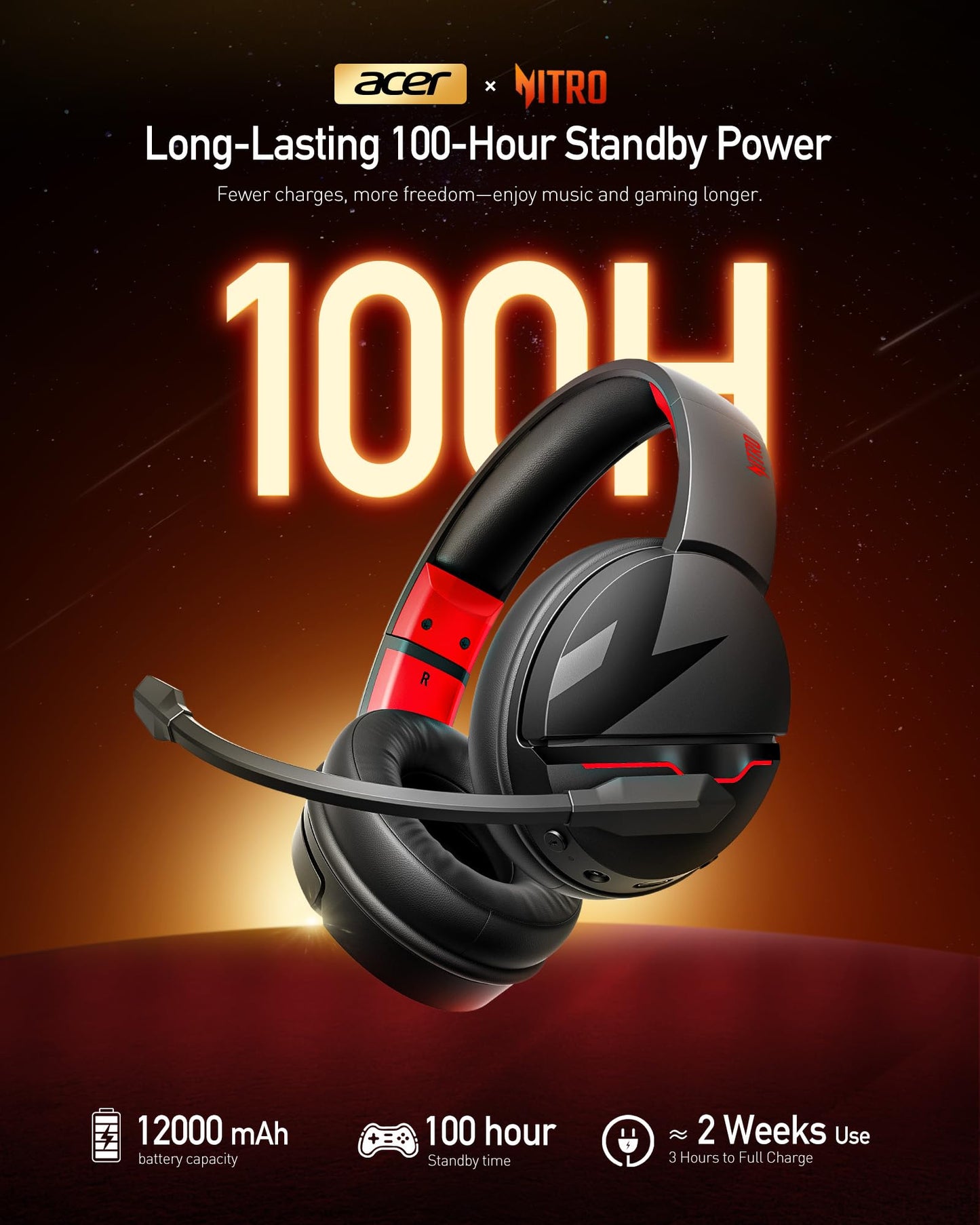 acer Wireless Gaming Headset, PS5 Headset with 2.4GHz for Ps5, Ps4, PC, Switch, Bluetooth 5.3 + 100Hrs Gaming Headphones with Noise Canceling Mic for Laptop, Mobile, Mac, 50mm Drivers (Red)