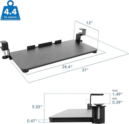 Mount-It! Under-Desk Keyboard Tray, Slide-Out Clamp-On Keyboard and Mouse Drawer, 26.4" W x 11.8" D Ergonomic Retractable Platform for Typing, No-Drill Installation, Black