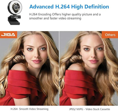 JIGA Streaming Webcam with Dual Microphone 1080P Adjustable Right Light Pro Web Camera Advanced Auto-Focus with Tripod Zoom Camera Gaming Webcam for Xbox Facebook YouTube Streamer Conferencing