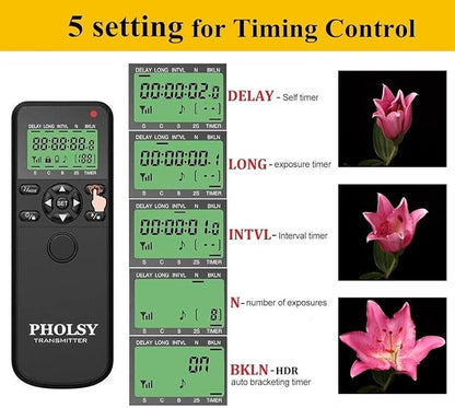 PHOLSY Camera Timer Remote Control with HDR Compatible with Canon R100 R8 R6ii R7 R10 90D 250D 850D 6Dii 7Dii G1Xiii; for Olympus OM-1, EM1X, EM1 II; for Fuji GFX50SII, XT3, XT4, XT5, XT30II