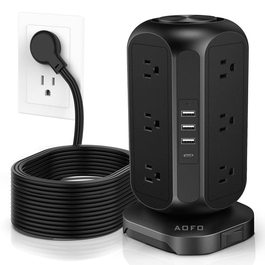 AOFO Long Extension Cord 15 ft Power Strip Tower, Power Strip 12 AC Outlets 4 USB(1 USB C) Ports, Charging Tower Overload Protection with Multiple Outlets for Home Office