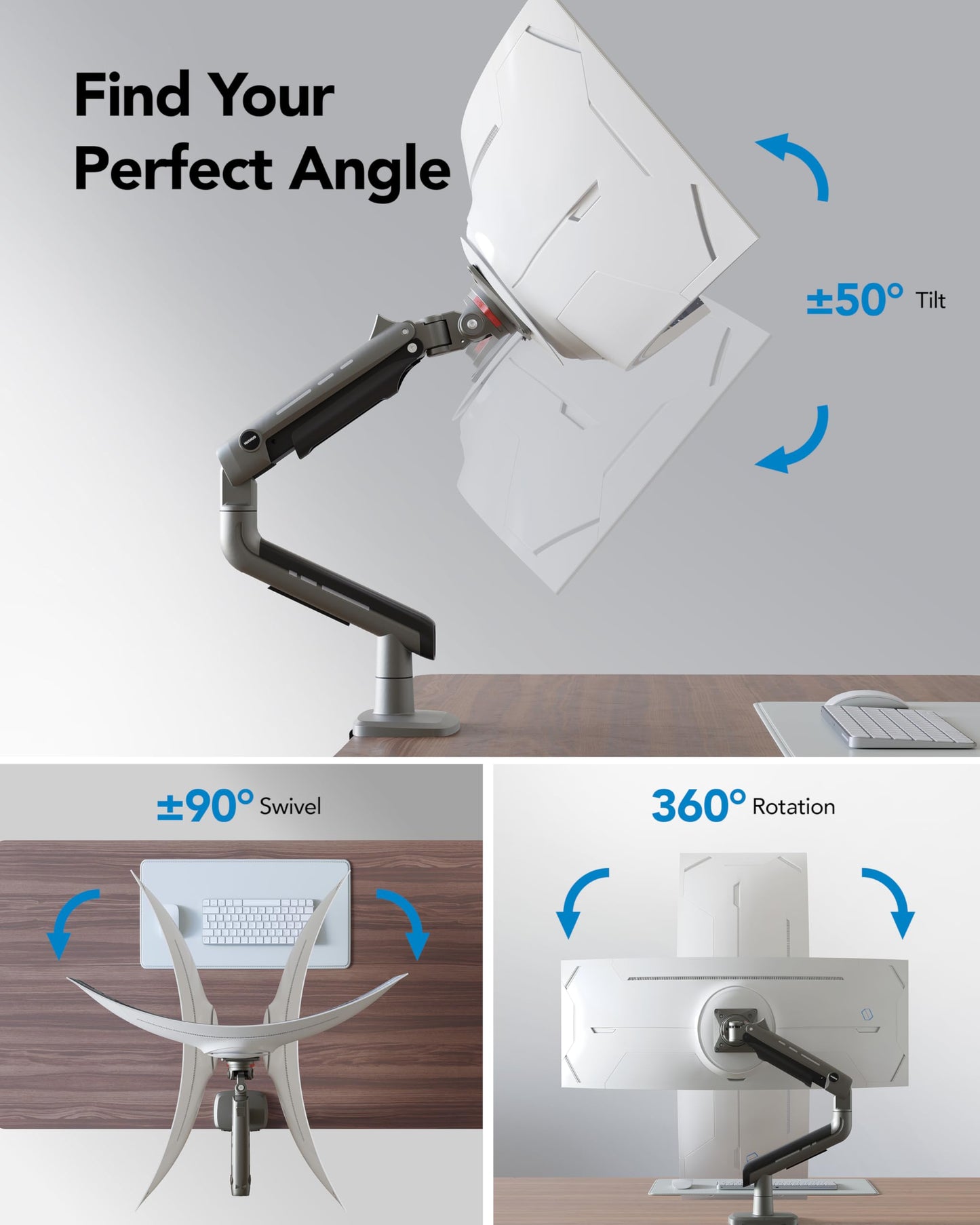 HUANUO TitanLift Heavy Duty Monitor Arm for Screens up to 49", Holds 44 lbs, Aluminum Ultrawide Screen Monitor Mount, Fully Adjustable Single Gaming Desk Mount with Dual C-Clamp, Max VESA 100x100mm