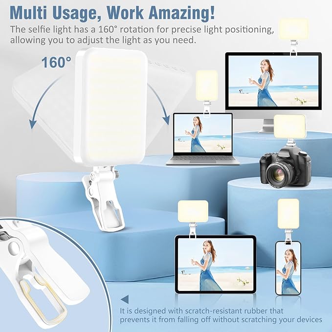 60 LED Portable Selfie Light Video Conference Lighting with Clip & Camera Tripod Adapter Rechargeable 2200mAh CRI 97+, 9 Light Modes for Phone iPhone Webcam Laptop Photo Makeup