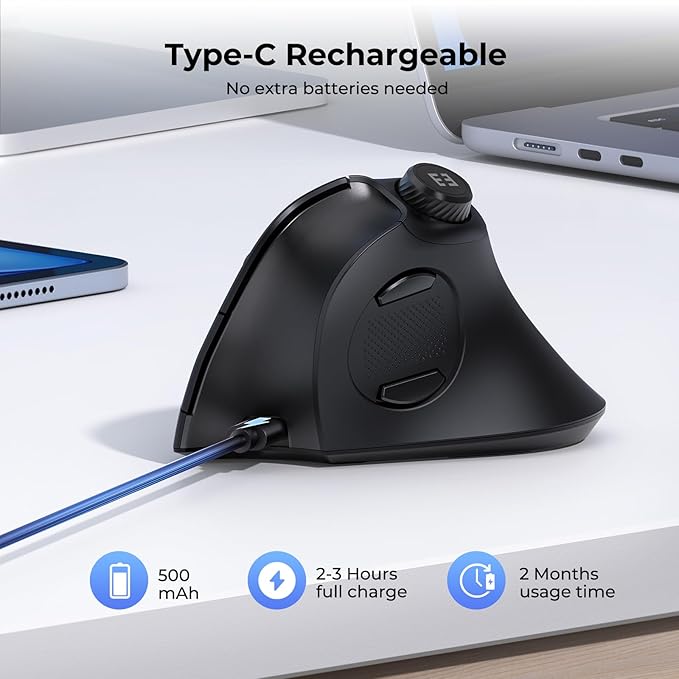 seenda Ergonomic Mouse Rechargeable, USB+Dual Bluetooth, MOU-302 Vertical Wireless Mouse with Volume Knob, Quiet Clicks, Multi-Device Cordless Mice Compatible for Windows, PC, Laptop, Mac OS, Black