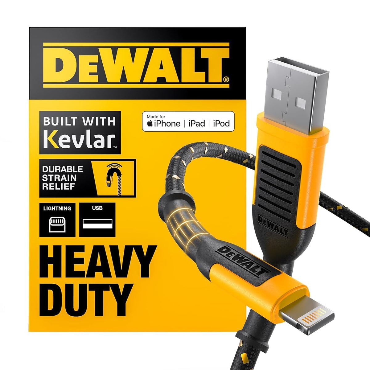 DEWALT Heavy Duty USB to Lightning Cable [Apple MFi Certified] Durable iPhone Charger, Lightning Cables, Fast Charging iPhone Charger Cord Compatible w/iPhones 14/13/12/11 Pro Max iPad AirPods, 10FT
