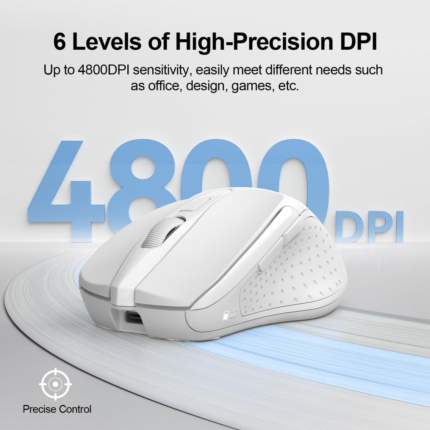 TECKNET Wireless Mouse Rechargeable, 2.4G USB-A Silent Mouse, Quiet Click, 6 Adjustable 4800 DPI, Cordless Computer Mice, Ergonomic Mice for Laptop, 6 Buttons for Chromebook, Ergo Grip - White
