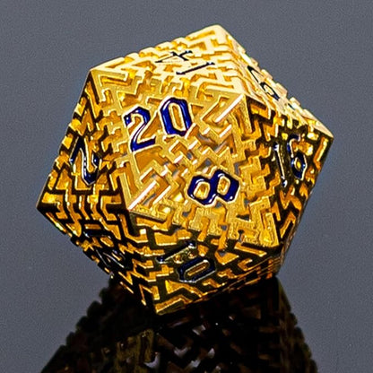 Golden Metal Hollow DND Dice Set (Paladin) Metallic Luster Maze Design with Storage Box - Balanced Weight 7 Piece Zinc Alloy, Designed for Dungeons and Dragons DM Player RPG Accessories