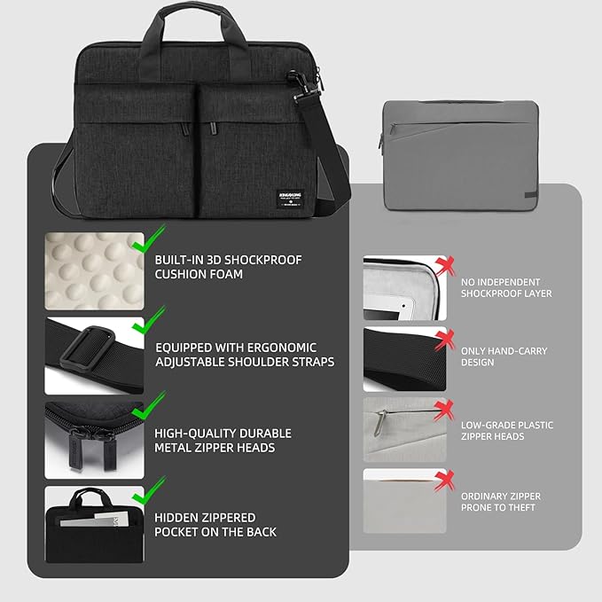 KINGSLONG 15.6 inch Laptop Shoulder Bag,Slim Shockproof Computer Sleeve Notebook Ultrabooks Carrying Case Handbag Cover Fit for Acer Asus Dell Lenovo HP Toshiba, Black
