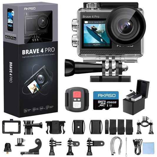 AKASO Brave 4 Pro Action Camera 4K with 256GB MicroSD U3 Card Bundle