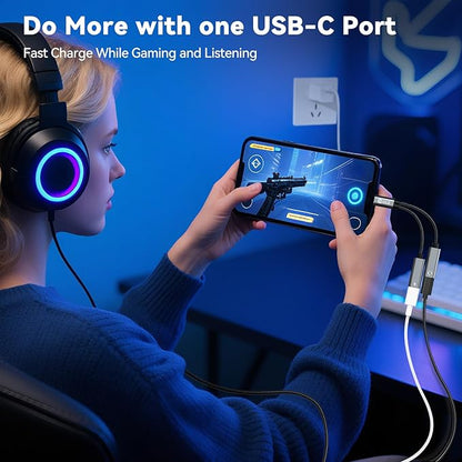 5PCS USB C Headphone Splitter,CCZ CA01 USB C to Type C Headphone Jack and Charger Adapter, 1 in 2 out Dongle Hi-Res DAC Audio Cable with PD 60W Fast Charging for Samsung Galaxy S25 S24 S23 (USBC-USBC)