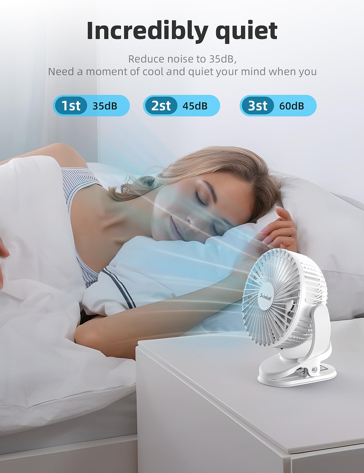 Svinkal usb Personal Clip on Fan 2400mAh Battery Operated 6in, Type C, 3 Speed, 720 adjustment, Small Portable Fan for Table, Bedroom, Desk, dormitory, Camping, Stroller, Golf Cart