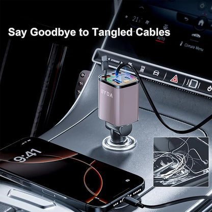 [2025 Mirco-Version] 4 in 1 Retractable Car Charger,69W Car Charger USB C,Cigarette Lighter Adapter,Fast Charging for iPhone 16e/16/15/14,13,Android (Pink, for Lightning+USB-C)