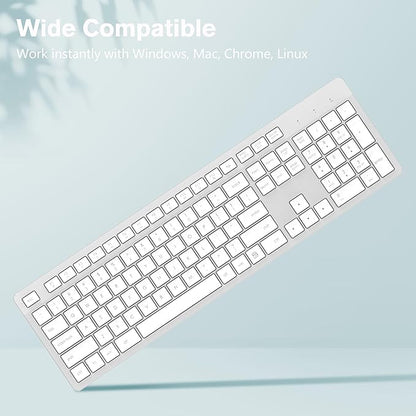 LeadsaiL Wireless Keyboard, 2.4GHz Full-Sized Ergonomic Computer Keyboard, Cordless Noiseless Keyboard,12 FN Shortcuts for Windows MacOS Laptop Computer - White and Grey