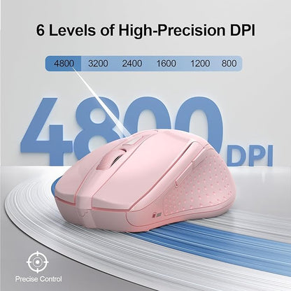 TECKNET Wireless Mouse (2.4G & BT5.0/3.0) Silent 4800 DPI Computer USB A & Bluetooth Mouse 6 Buttons, Wide Compatibility - Pink
