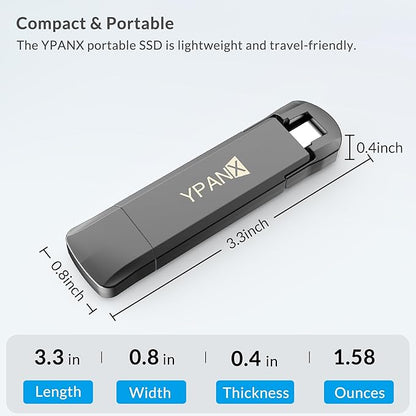 YPANX 256GB Pro Portable SSD, 1000MB/s Speed, USB 3.2 Gen 2 + Type C Dual-Port, Lightweight External SSD for iPhone 15/16/Pro, Android, Windows, Mac, Tablets