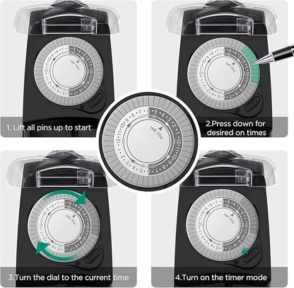 G-Homa 24 Hour Mechanical Outdoor Timer Outlet, Outdoor Timer for Lights, Waterproof, 2 Grounded Outlets, 15A 1/2HP, Heavy Duty, ETL Listed (2 Packs)