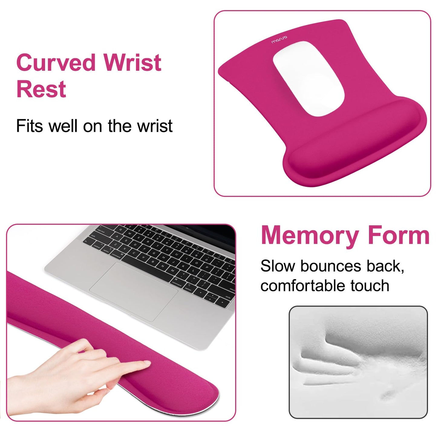 MOSISO Wrist Rest Support for Mouse Pad & Keyboard Set, Ergonomic Mousepad Non-Slip Base Home/Office Pain Relief & Easy Typing Cushion with Neoprene Cloth & Raised Memory Foam, Rose Red
