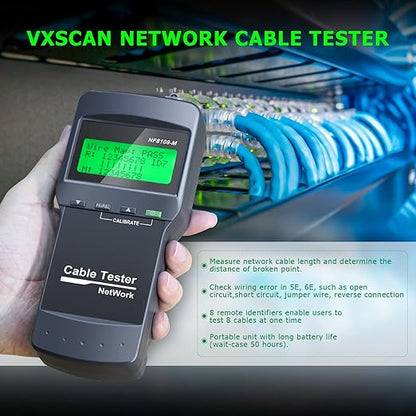 RJ45 Network Cable Tester, VXSCAN 8 Remote Units Network LAN Length Ethernet Cable Tester Kits for Cat5/CAT5e/CAT6/CAT6e - Locate The Breakage Point Length Measurement & Continuity Checking