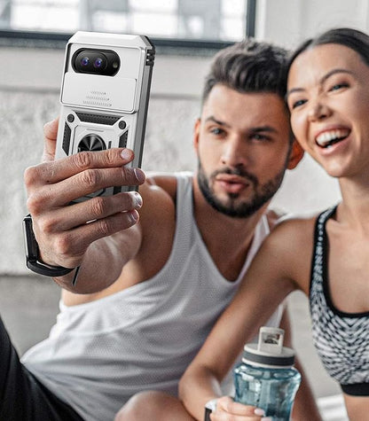 Taisairu for Google Pixel 9A Case with Screen Protector & Slide Camera Lens Cover, Built-in 360°Rotate Magnetic Ring Stand Shockproof Protective Phone Case for Google Pixel 9A Case (Silver)