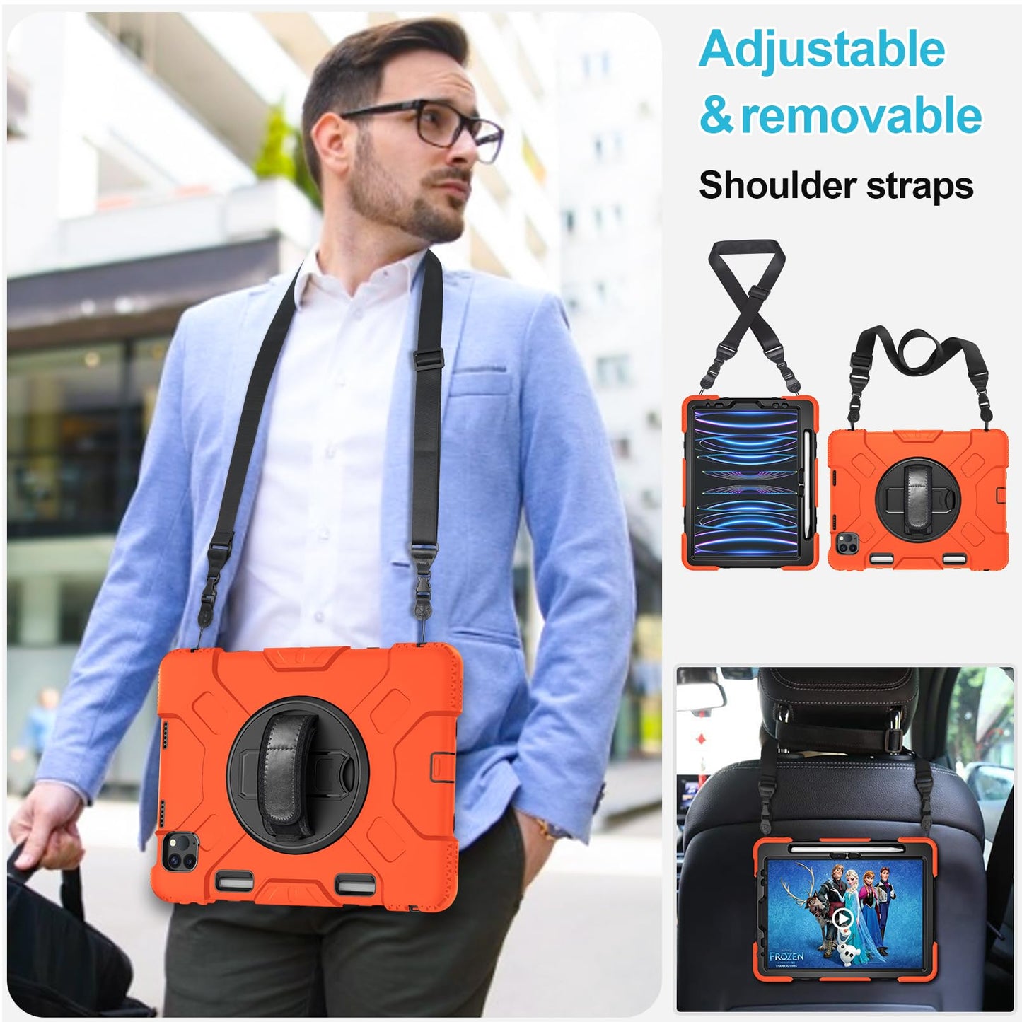 Case for iPad Pro 11 Inch 2022/2021/ 2020/2018: Silicone Cover for iPad 11 Inch 4th/ 3rd/ 2nd/ 1st/ Generation with Screen Protector- Stand- Handle- Shoulder Strap- Pencil Holder-Orange