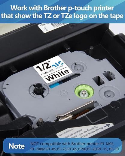 Weemay 1/2" Label Maker Refills Compatible for Brother Tze Tz Tape 12mm 0.47 Laminated White, for Ptouch Label Maker Machine Cube PTD210 PTP701BT PTD220 PTH110 PTH110BP PTH111 PTP750W PTD600, 10 Pack