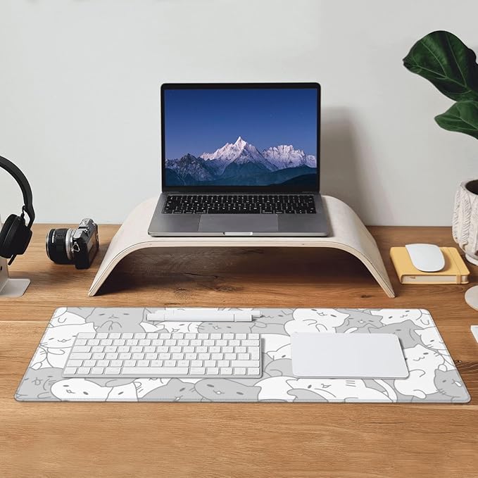 White Kawaii Cats E-Sport Mouse Pad Large Desk Mat Non-Slip Rubber Base Stitched Edge Keyboard Mouse Pad for Office Home E-Sport Computer Laptop, 31.5×11.8 Inches