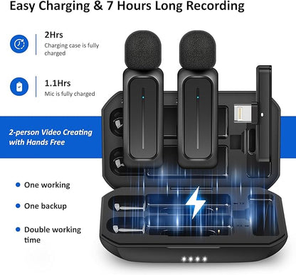 2 Pcs Wireless Lavalier Microphone for iPhone iPad Android with Charging Case 7H Clip on Lapel Microphone Wireless for Video Recording Vlogging, YouTube, Interview, 3 Mode Denoise, 70ft