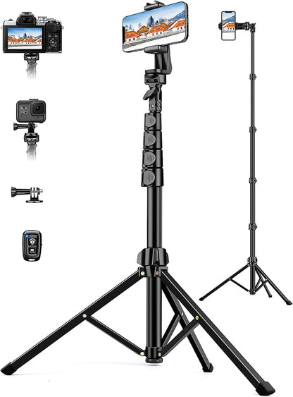 Phone Tripod, 71" Portable Cellphone Tripod Stand with Remote & Phone Holder, Camera Stand for iPhone, Compatible with Camera iPhone/Android Smartphone/Gopro