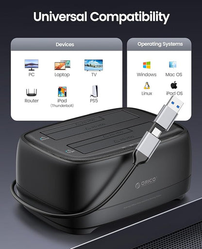 ORICO USB Type C to SATA 2 Bay Hard Drive Docking Station Duplicator/Cloner Function for 2.5 or 3.5 in HDD SSD with 2 in 1 USB C to A/C Cable (DD28C3-C)