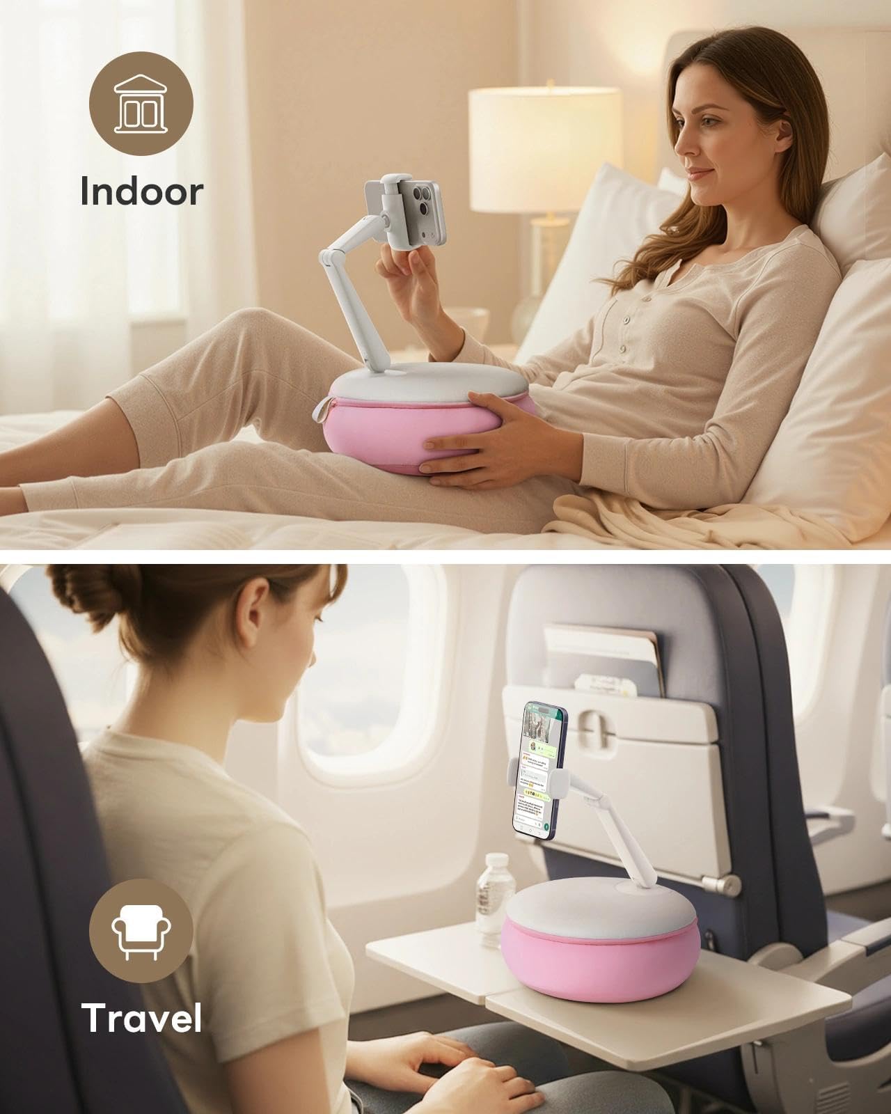 SAIJI Cell Phone Pillow Stand Mini iPhone Holder for Bed, Upgraded ,Mini Angle & Height Adjustable Phone Pillow Stand for Watching Video On Bed/Sofa/Lap, Fit for 4.7"-7.0" Device (Pink)