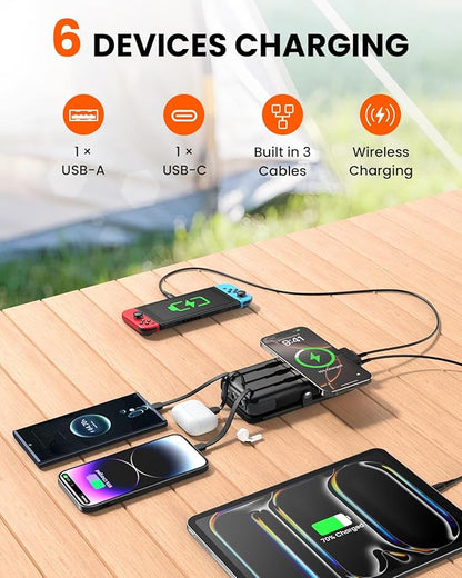SOARAISE Wireless Solar Power Bank, 25000mAh Solar Charger with Built-in 3 Cables, Dual Outputs, 4 Solar Panels & 3 LED Flashlights, Portable Phone Charger for Outdoor Camping（Black）