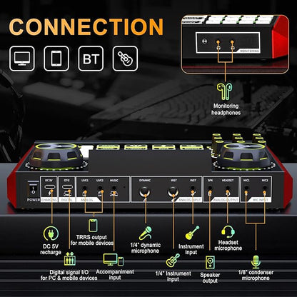 Audio mixer, suitable for live streaming, singing, and gaming on computer/phone; soundboard for 3.5mm condenser microphone; podcast mixer with live sound card, noise reduction, and one-touch mute