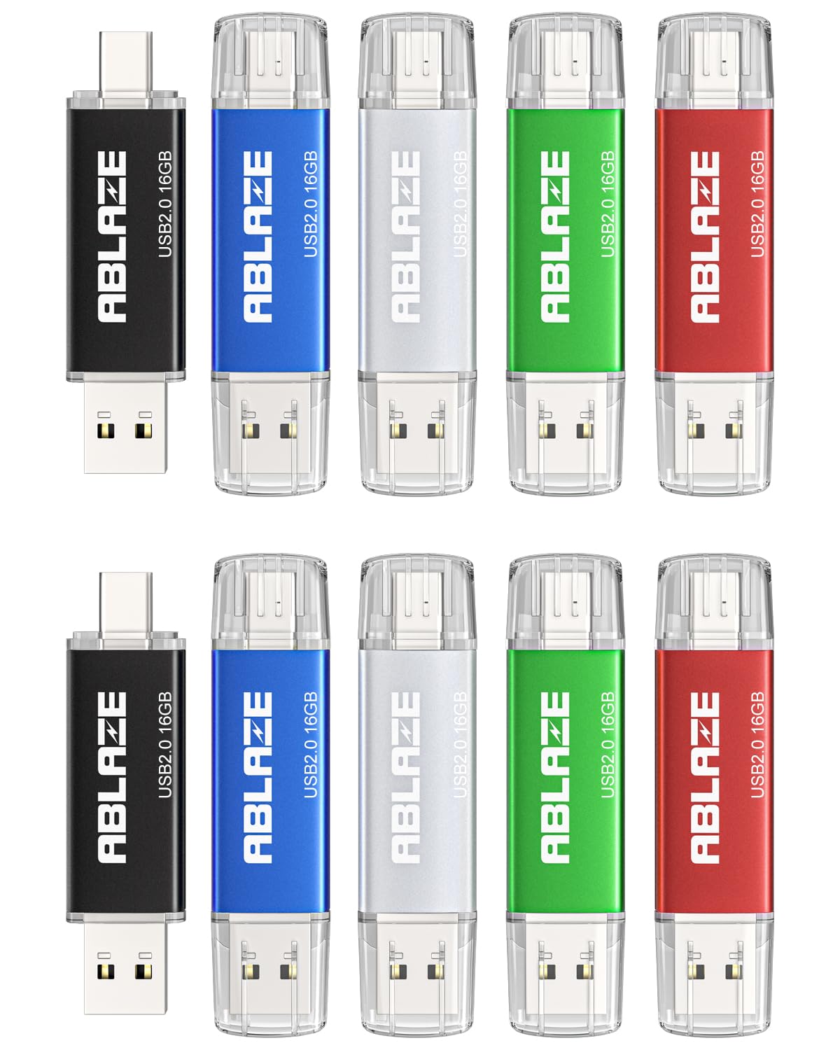 Type C Flash Drive 32GB 10 Pack, ABLAZE Dual USB 2.0+USB C Thumb Drives