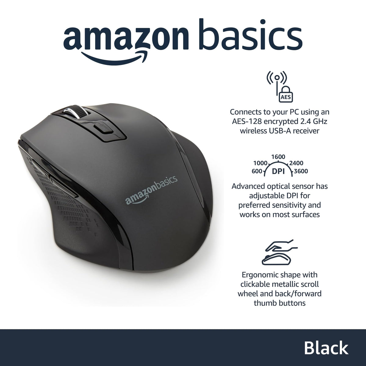 Amazon Basics Portable Wireless Computer Mouse, Ergonomic, 2.4 GHz Optical, DPI Adjustable, Easy to Use, Compatible With PC, Mac, Laptop, Black
