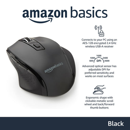 Amazon Basics Portable Wireless Computer Mouse, Ergonomic, 2.4 GHz Optical, DPI Adjustable, Easy to Use, Compatible With PC, Mac, Laptop, Black