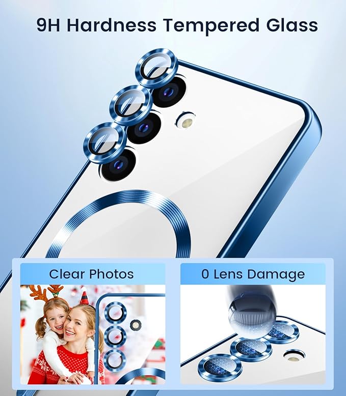 Slim Thin for Samsung Galaxy S25 Plus Case, Compatible with MagSafe, Built-in Camera Lens Protector, Shockproof Protective Phone Case, Soft Electroplated Clear Cover, Sapphire Blue