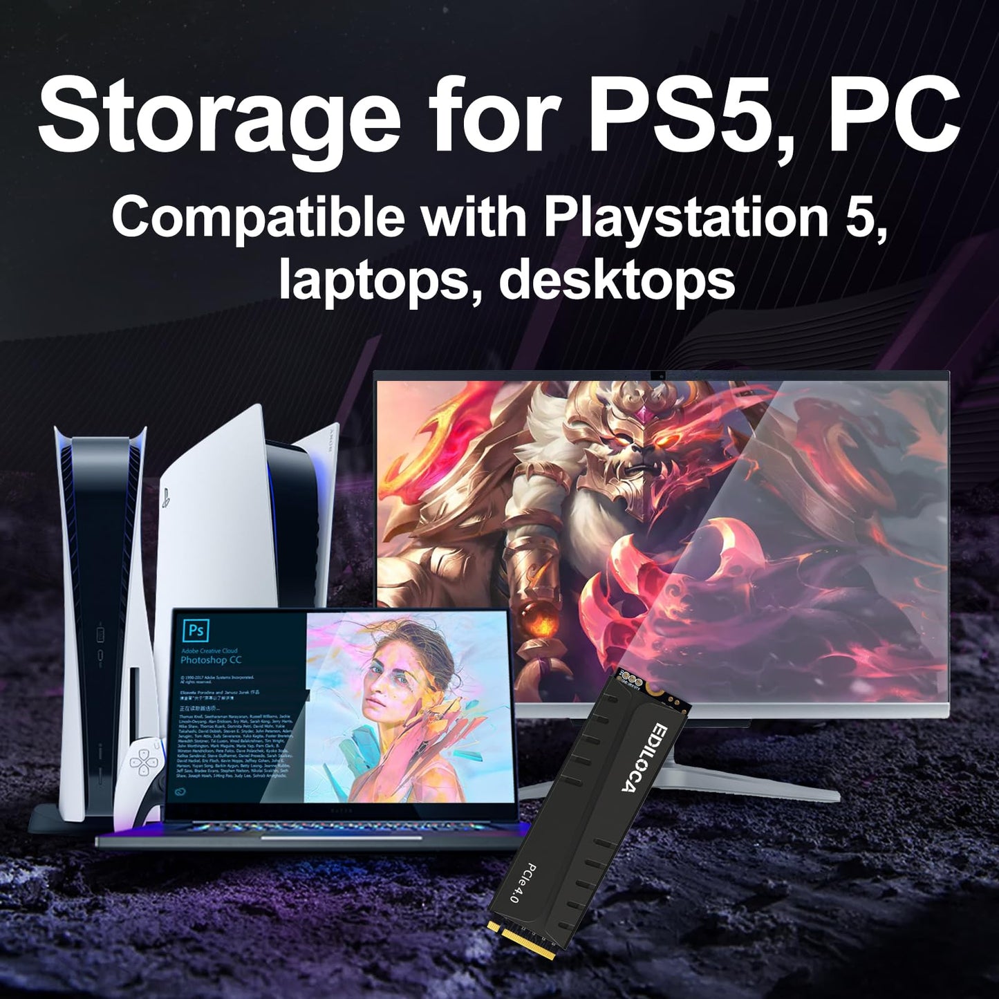 Ediloca 4TB PS5 SSD with Heatsink PCIe Gen4 NVMe M.2 Gaming SSD, 7400MB/s Read, 4GB DRAM Cache, 3D TLC | Internal Solid State Drive Compatible with PS5 & PC(EN855)