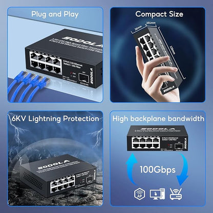 SODOLA 8-Port Unmanaged 2.5G Switch,8 x 2.5GBASE-T Ports,1X10G SFP+,100Gbps Switching Capacity, Fanless, Metal，Plug & Play 2.5Gb Network Switch