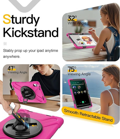 BRAECN for iPad (A16) 11th/10th Generation case 11/10.9 inch 2025/2022 Heavy Duty Shockproof Protective with Pencil Holder Screen Protector 360°Rotating Stand Handle & Shoulder Strap Full Body Cover