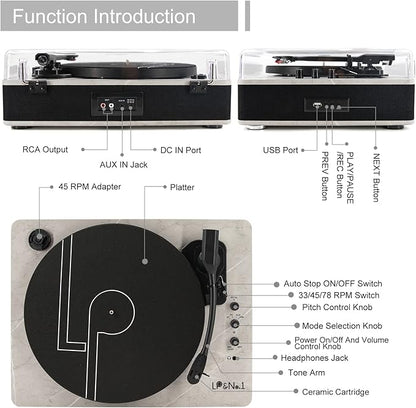 LP&NO.1 Record Player wirelessTurntable with Built-in Speakers and USB Play&Recording Belt-Driven Vintage Phonograph Record Player 3 Speed for Entertainment and Home Decoration(Light Gray)