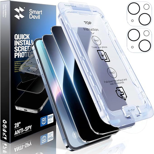 SMARTDEVIL 2+2Pack for iPhone 14 Plus Privacy Screen Protector with Camera Lens Protector,Shatterproof Tempered Glass [True 28°Anti Spy][9H Hardness][Automatic Dust-Elimination Install][Bubble Free]