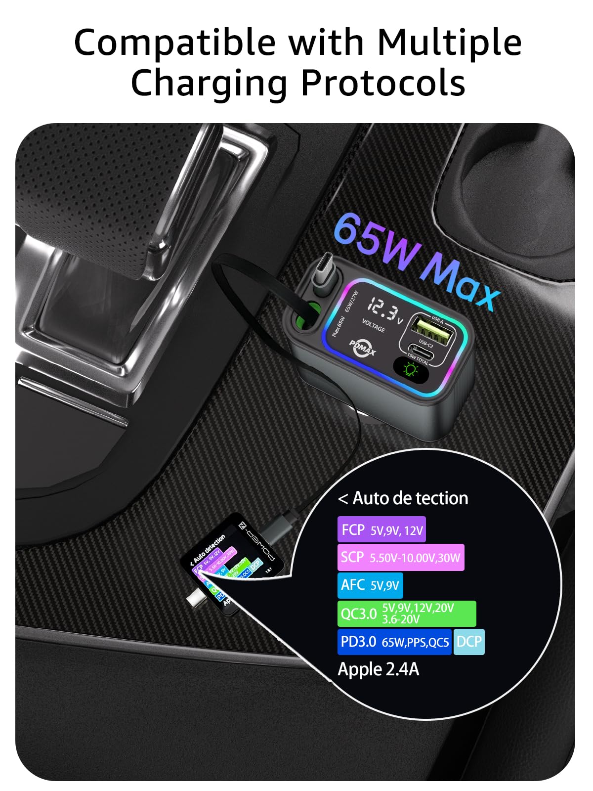 PDMAX Retractable Car Charger USB C,145W Type C Car Charger Fast Charging with Dual Retractable USB C Cable and USB Ports for iPhone 17/16/15,S25/24/23/22, Pixel 9/8/7（Build-in Dual Type C Cable）