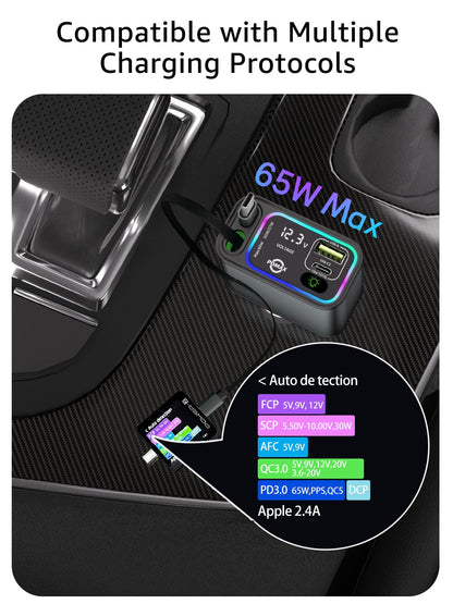 PDMAX Retractable Car Charger USB C,145W Type C Car Charger Fast Charging with Dual Retractable USB C Cable and USB Ports for iPhone 17/16/15,S25/24/23/22, Pixel 9/8/7（Build-in Dual Type C Cable）