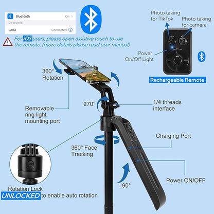 70.9" Auto Face Tracking Tripod 360° Rotation with Stand & Light, Phone Camera Holder Stand with Remote & Gesture Control, Extendable Selfie Stick for GoPro/Travel/Vlog/Video/Tiktok/Live Streaming