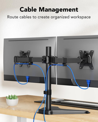 HUANUO 32 inches Dual Monitor Stand up to 17.6lbs per Arm, High-Grade Aluminum Free Standing Dual Monitors Mount for 2 Screens. Fully Adjustable Dual Monitor Stand for Desk with Tilt, Swivel, Rotation
