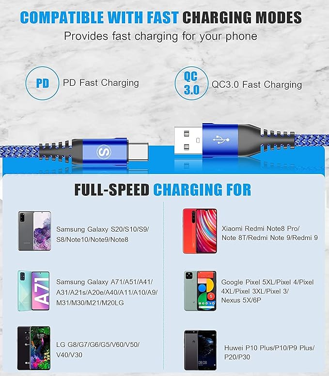 sweguard USB Type C Charger Cable [3-Pack,10ft+6.6ft+3.3ft] iPhone 15 Charger Nylon Braided Cord for iPhone 15 Pro Max Samsung Galaxy S23 S22 S21 S20 S10 Note 20 10 Flip A53 A54 Pixel LG Moto PS5-Blue