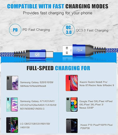 sweguard USB Type C Charger Cable [3-Pack,10ft+6.6ft+3.3ft] iPhone 15 Charger Nylon Braided Cord for iPhone 15 Pro Max Samsung Galaxy S23 S22 S21 S20 S10 Note 20 10 Flip A53 A54 Pixel LG Moto PS5-Blue