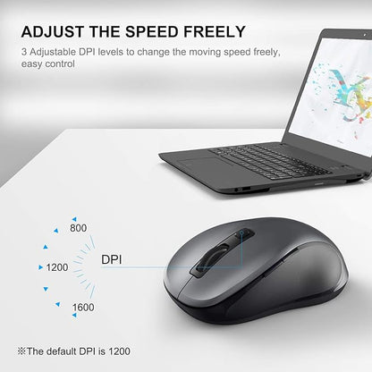 WisFox 2.4G Wireless Mouse for Laptop, Ergonomic Computer Mouse with USB Receiver and Type-C Adapter, 3 Adjustable Levels, 6 Button Cordless Mice for Windows Mac PC Notebook (Grey and Black)