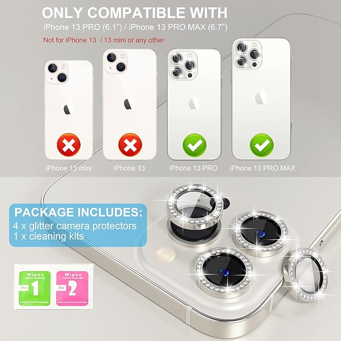 Choiche [3+1 for iPhone 13 Pro/iPhone 13 Pro Max Camera Lens Protector Bling, 9H Tempered Glass Camera Cover Screen Protector Metal Ring Decoration Accessories (Diamond-Silver)
